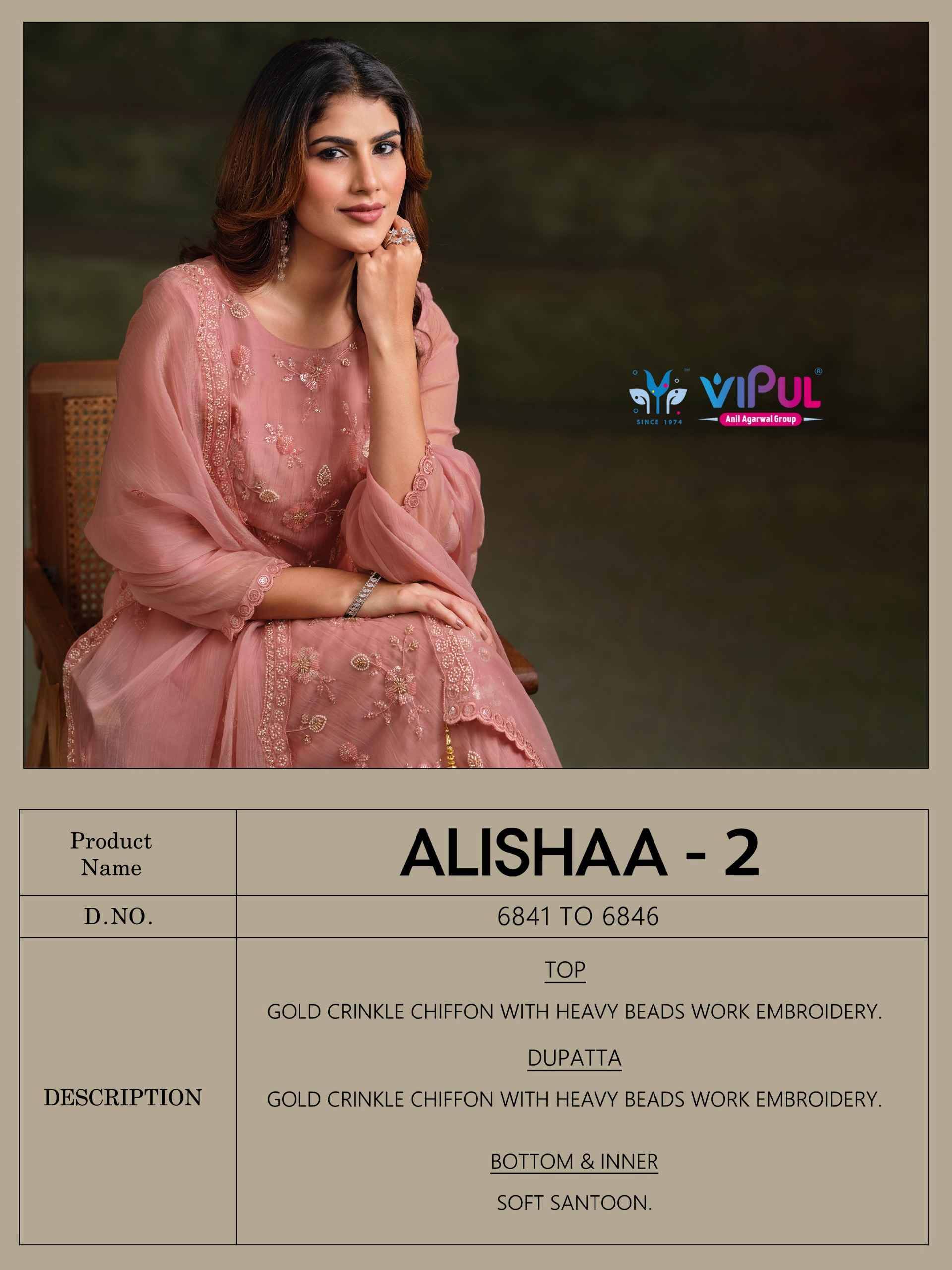 Alishaa Vol 2 By Vipul 6841 to 6846 Series Designer Festive Suits Beautiful Fancy Stylish Colorful Party Wear & Occasional Wear Chiffon Dresses At Wholesale Price